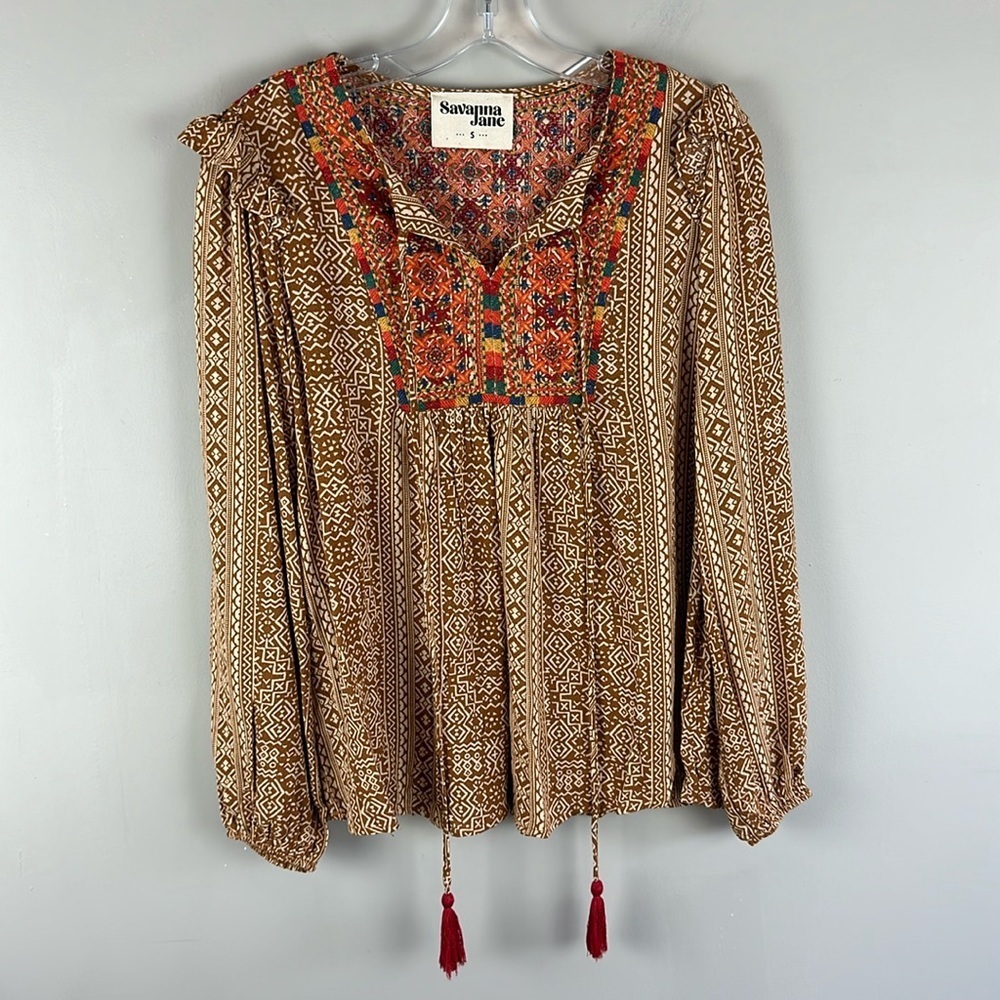Savanna Jane Peasant Top With Tassels Size Small